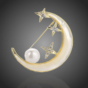 brošňa mesiac s hviezdami s perlou