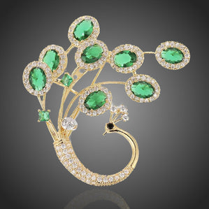 brošňa páv so zelenými zirkónmi zlatá