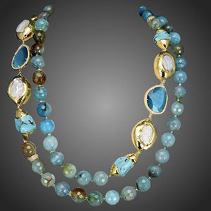 Náhrdelník tyrkys s modrým achátom a perlami