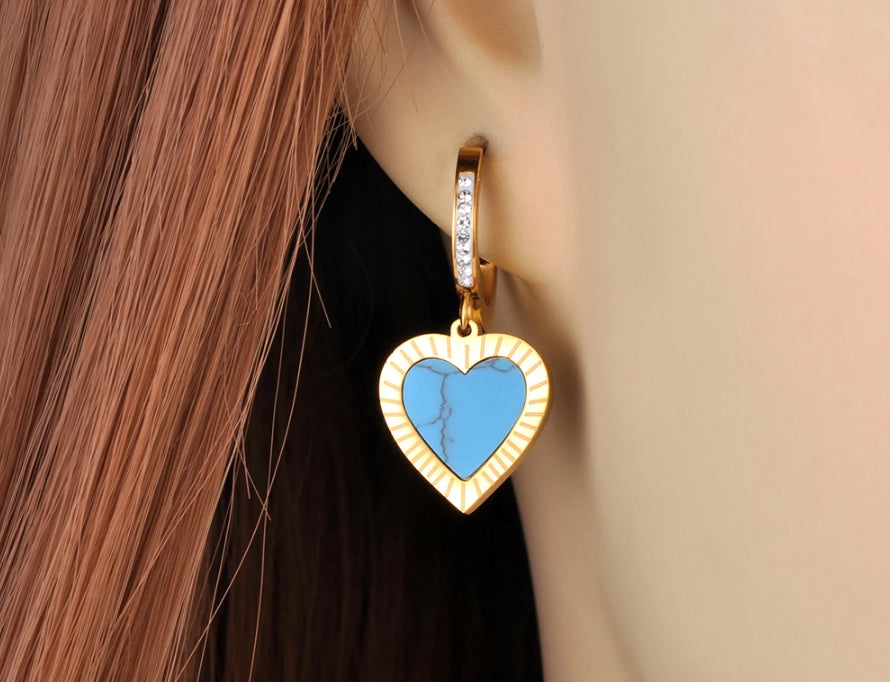 Náušnice srdcia z chirurgickej ocele Tyrkys Gold