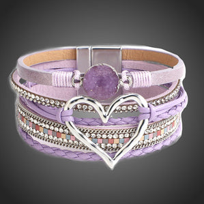 Náramok kožený so srdcom fialový AmoreMia
